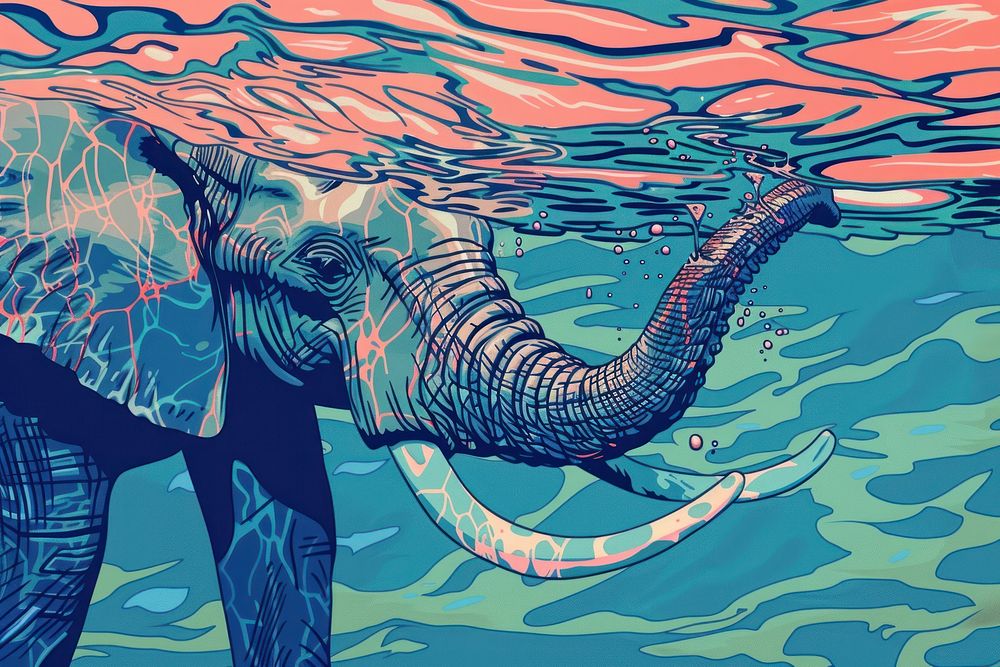 Swimming African Elephant Underwater in the style of graphic novel art underwater elephant.