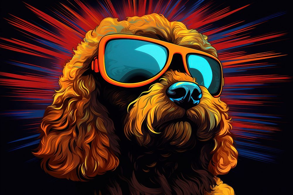 Poodle dog in VR goggles illuminated in the style of graphic novel sunglasses spaniel cartoon.