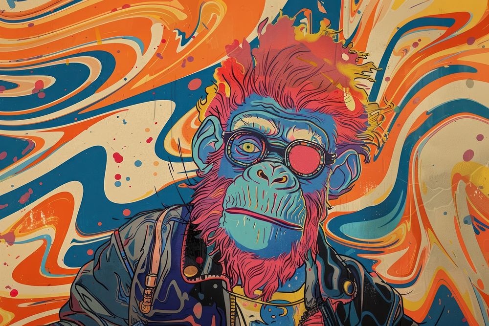 Portrait of a punk monkey in the style of graphic novel painting art graphics.
