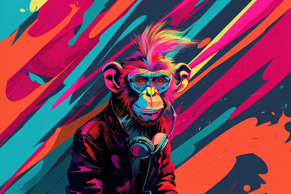 Portrait of a punk monkey in the style of graphic novel art painting portrait.