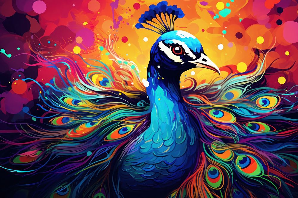 Portrait of beautiful peacock with feathers out in the style of graphic novel art painting graphics.