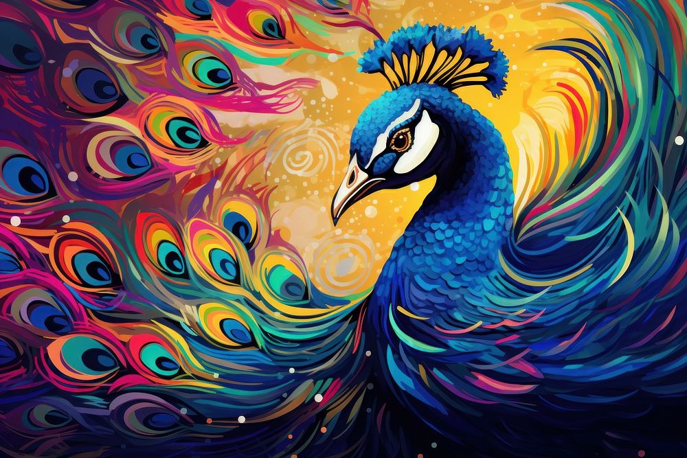 Portrait of beautiful peacock with feathers out in the style of graphic novel painting art pattern.
