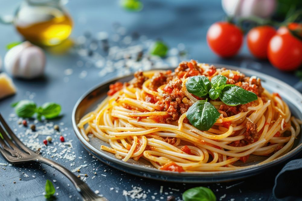 A plate of bolognese spaghetti pasta table food.