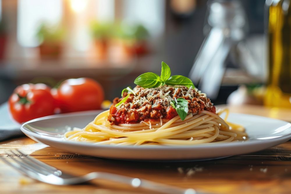 A plate of bolognese spaghetti pasta table food.