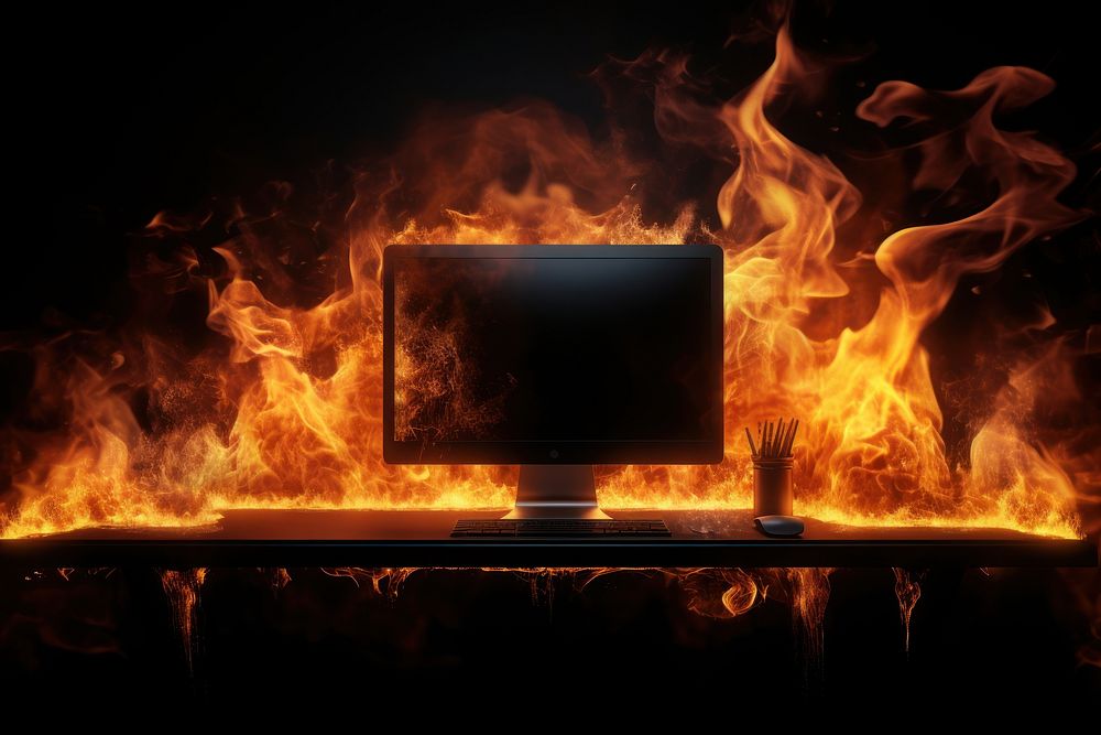 Desk fire fireplace computer.