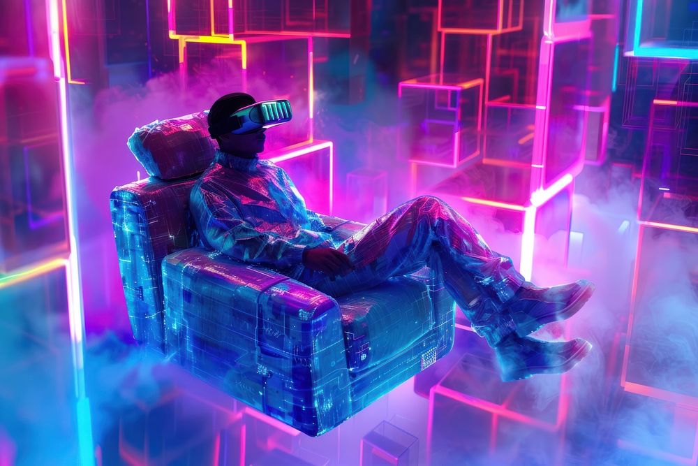 Futuristic man technology sitting purple.