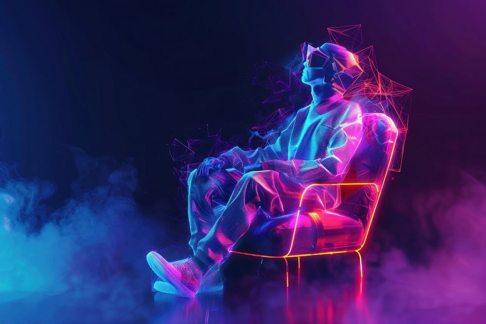 Futuristic man sitting purple light.