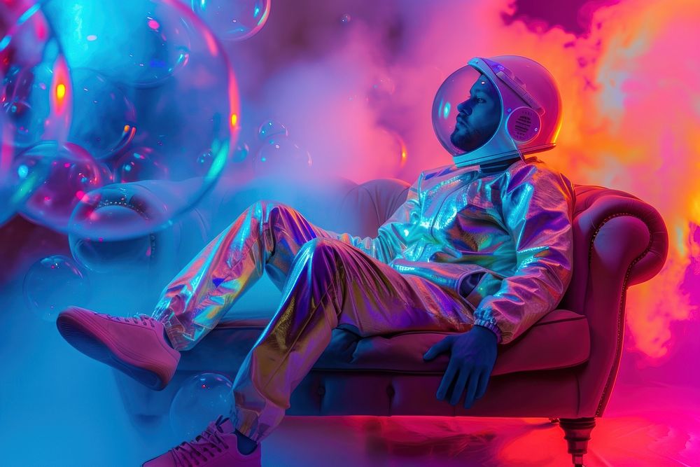 Futuristic man sitting bubble vibrant color.