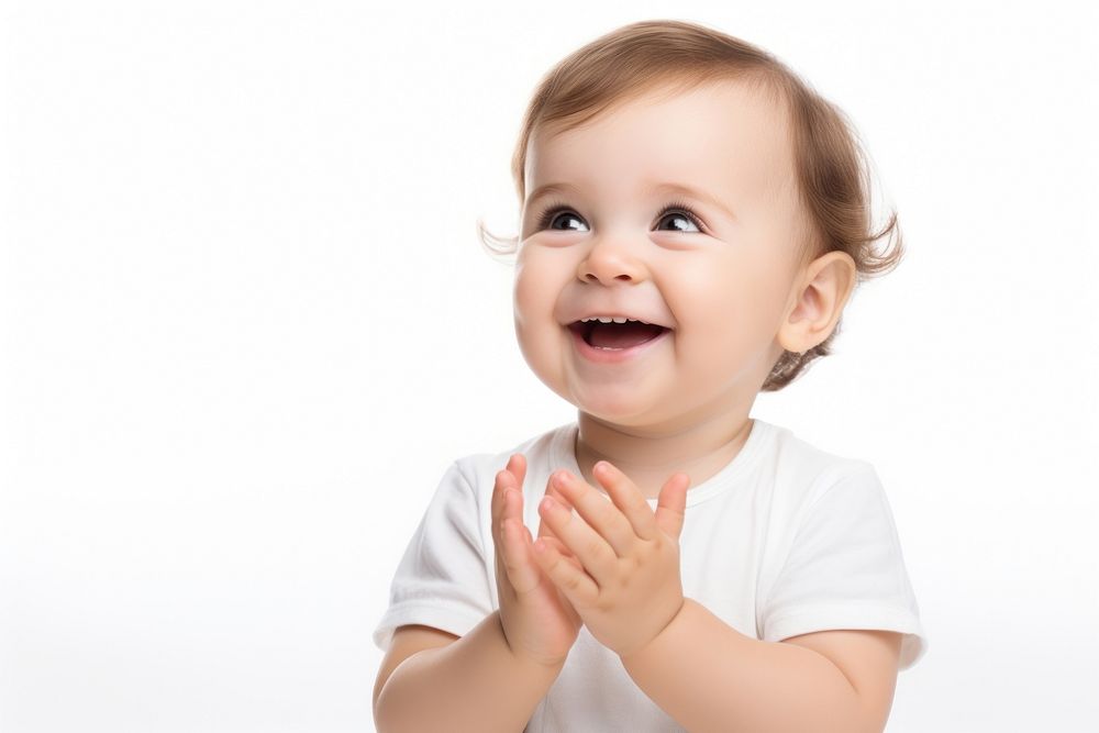 Happy baby clapping smile white background innocence.