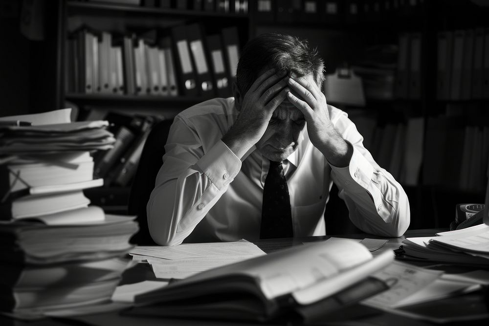 Overworked man desk publication overworked.