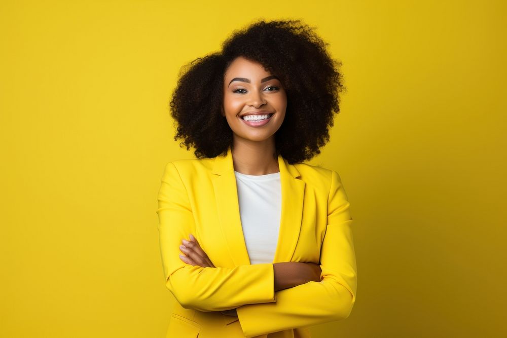 Smile black woman yellow adult yellow background.