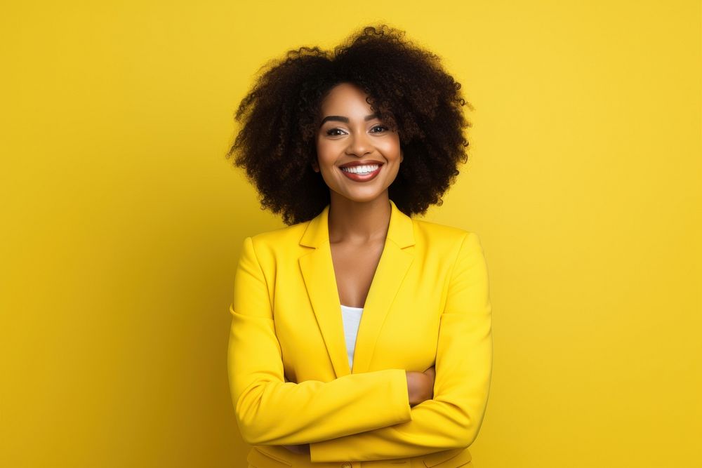 Smile black woman yellow adult yellow background.