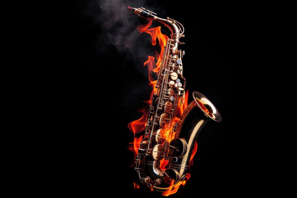 Saxophone fire flame black background.