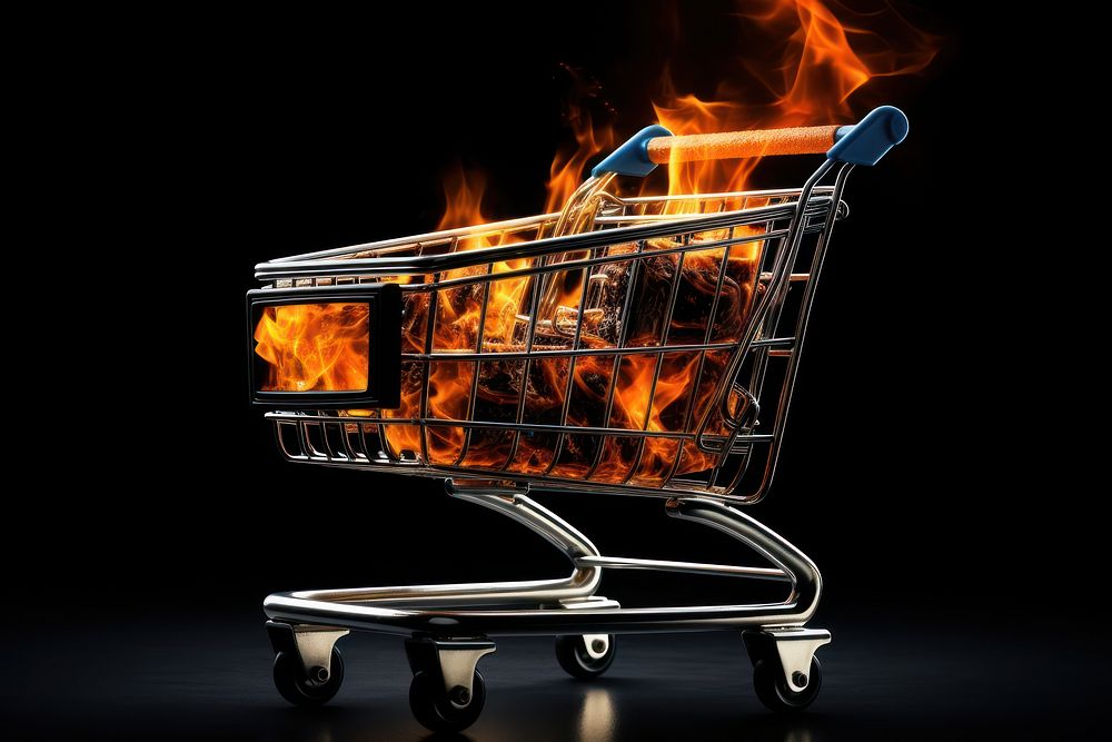 Shopping cart fire black background misfortune.