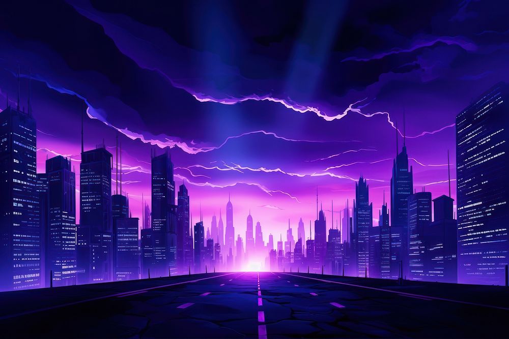 Silhouette city landscape purple thunderstorm architecture.