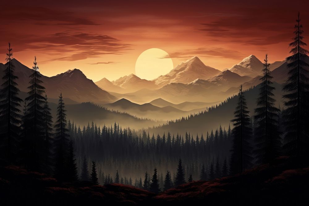 Silhouette forest landscape mountain sunset outdoors.