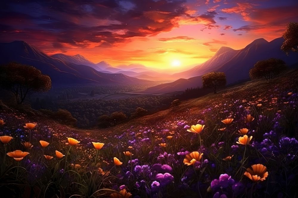 Silhouette flower garden landscape sunset panoramic mountain.
