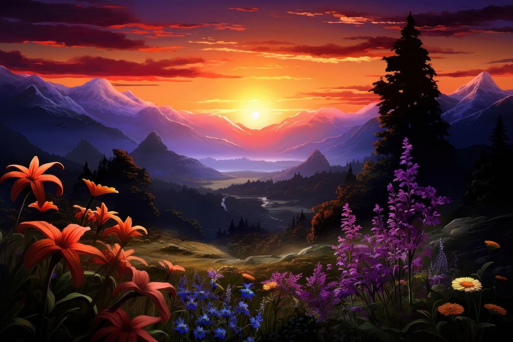 Silhouette flower garden landscape sunset wilderness mountain.