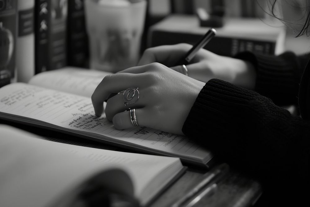 Woman studying hand publication writing.