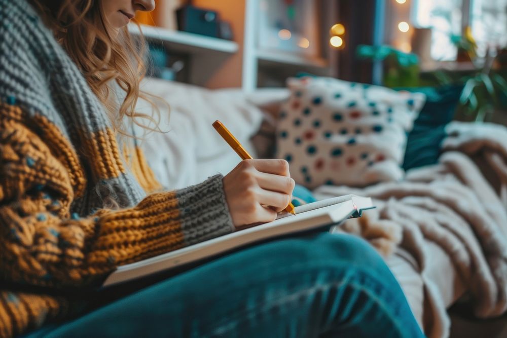 Woman studying writing adult hand.