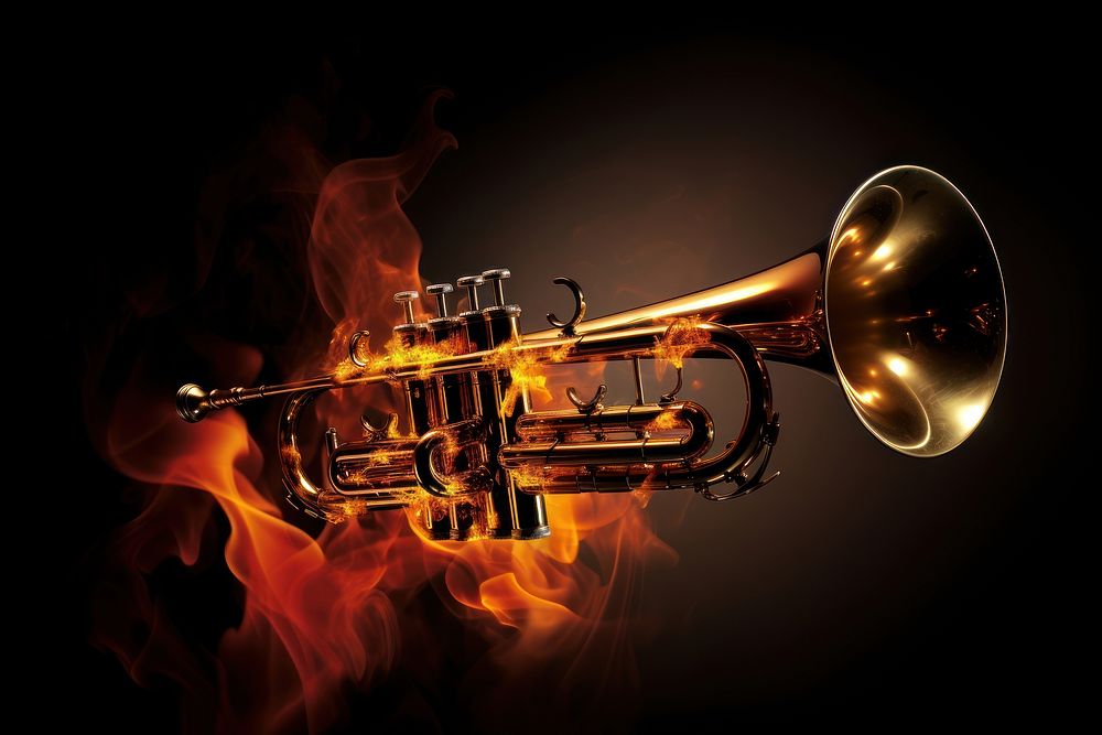 Trumpet horn fire black background.