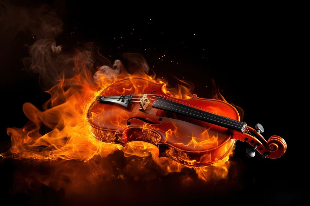 Violin fire flame black background.