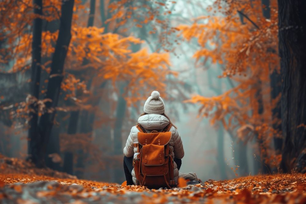 Young adults hiker autumn landscape forest.
