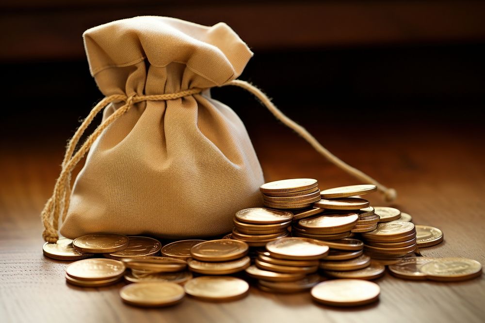 Gold coins in bag money investment currency.