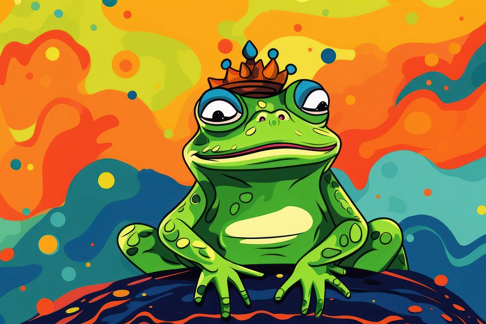 Playful Cute frog prince in the style of graphic novel amphibian cartoon animal.