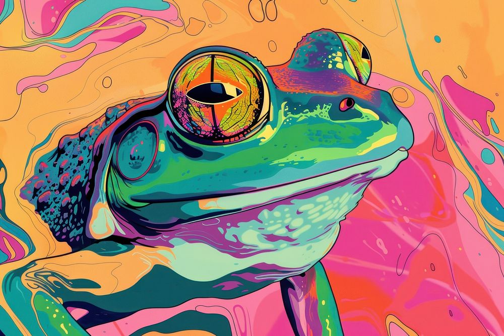 Playful Cute frog prince in the style of graphic novel art amphibian painting.
