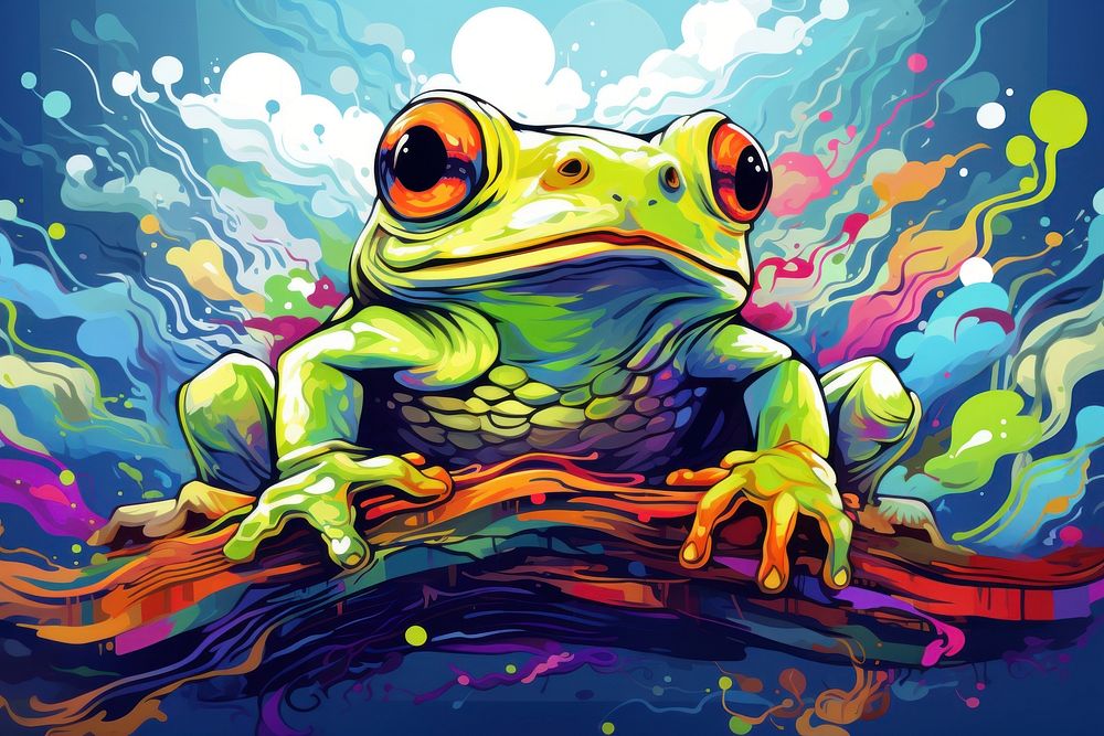Playful Cute frog prince in the style of graphic novel amphibian painting cartoon.