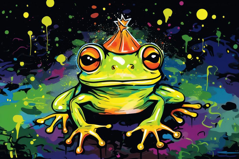 Playful Cute frog prince in the style of graphic novel amphibian cartoon animal.