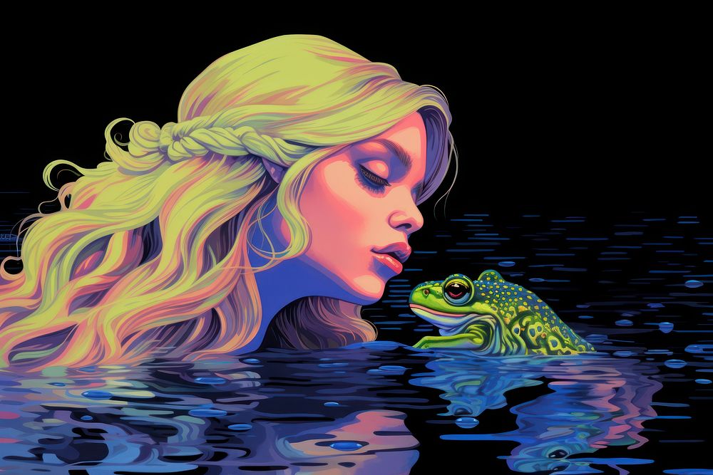 Princess who kisses a little frog who will become her prince wildlife portrait painting.