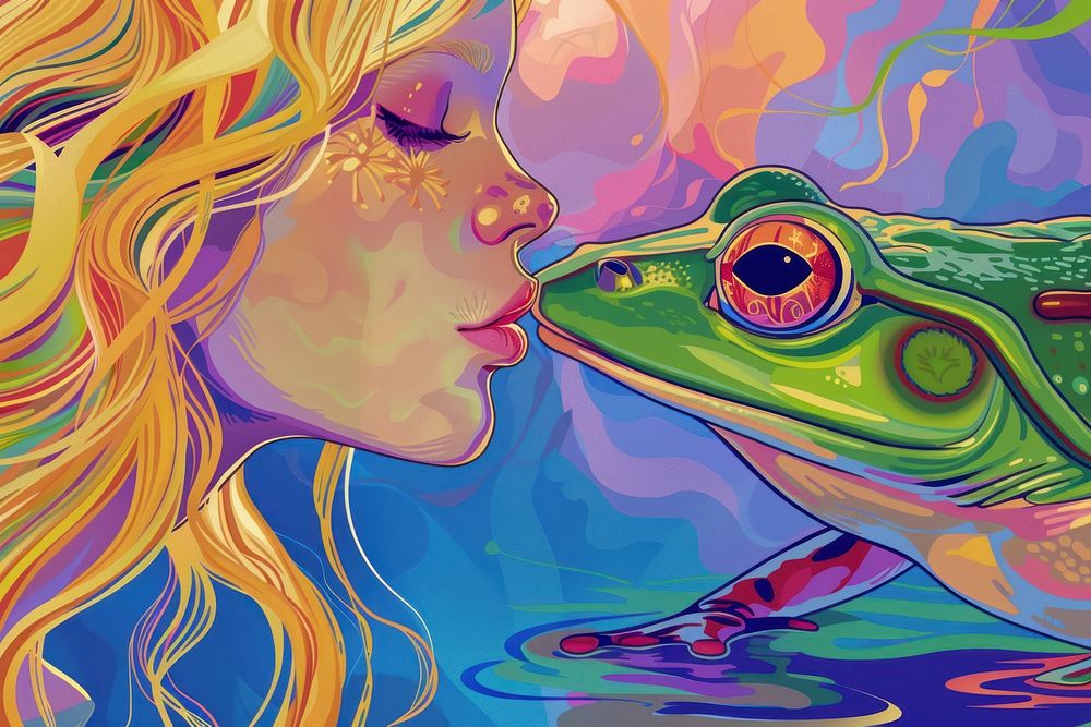 Princess who kisses a little frog who will become her prince painting amphibian cartoon.