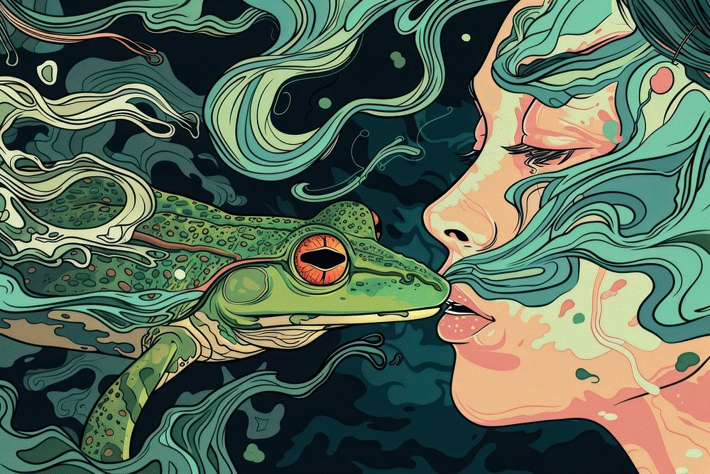 Princess who kisses a little frog who will become her prince art painting cartoon.