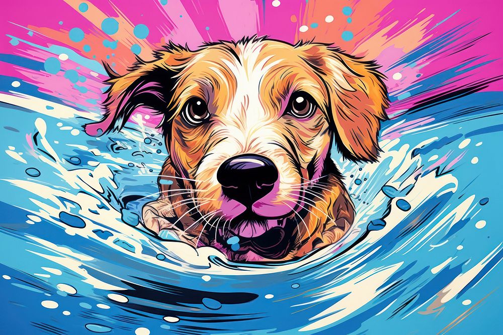 Puppy in swimming pool play with fun - jumping in the style of graphic novel graphics cartoon mammal.