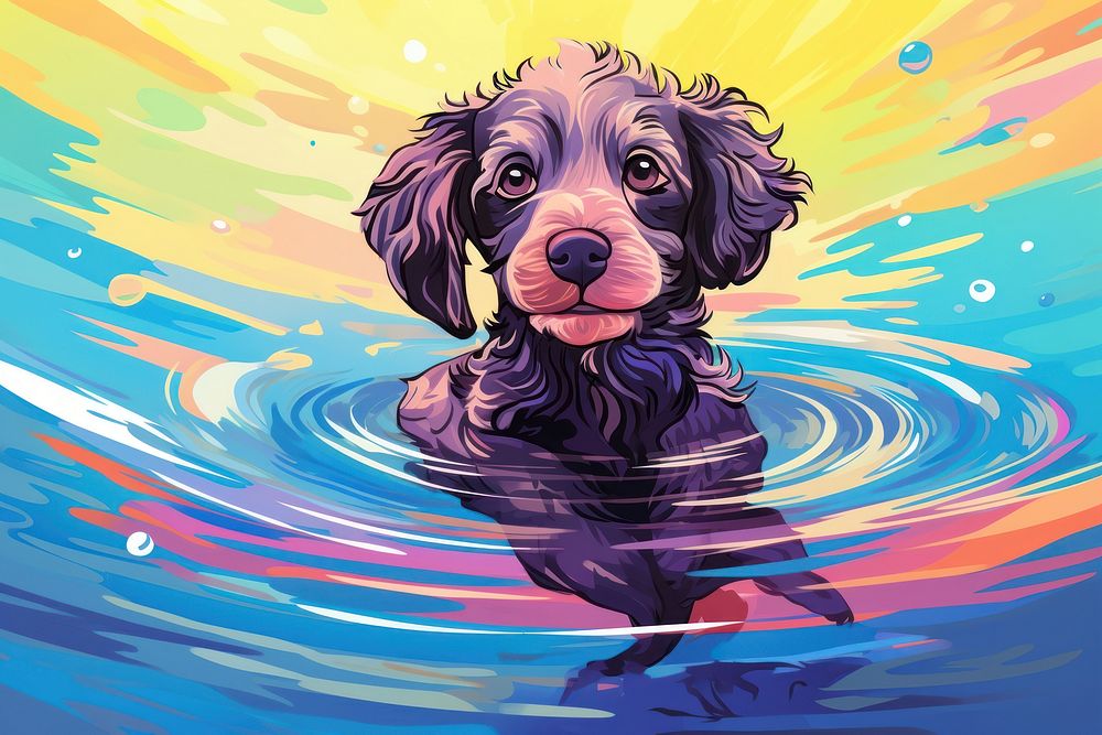Puppy in swimming pool play with fun - jumping in the style of graphic novel graphics cartoon animal.