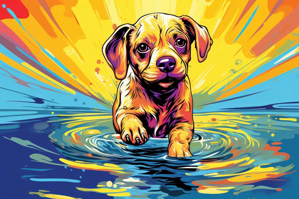 Puppy in swimming pool play with fun - jumping in the style of graphic novel cartoon mammal animal.