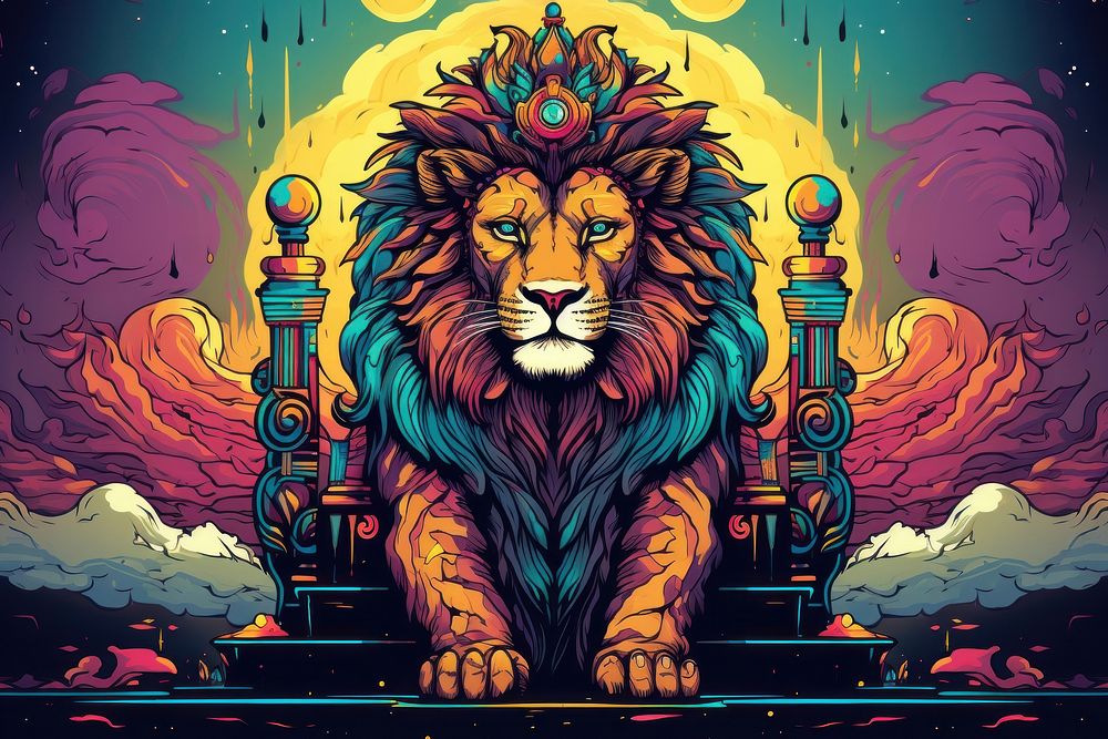 Royal lion sitting on a throne in the style of graphic novel art painting cartoon.