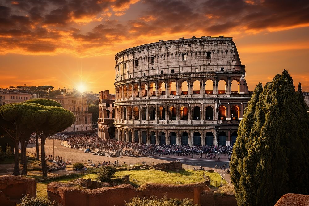 Rome colosseum landmark sunset.