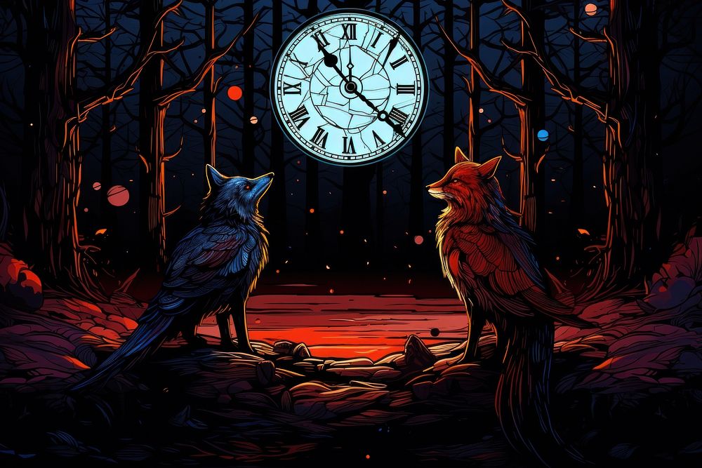 Raven and fox in a dark forest looking at the watch in the style of graphic novel cartoon animal clock.
