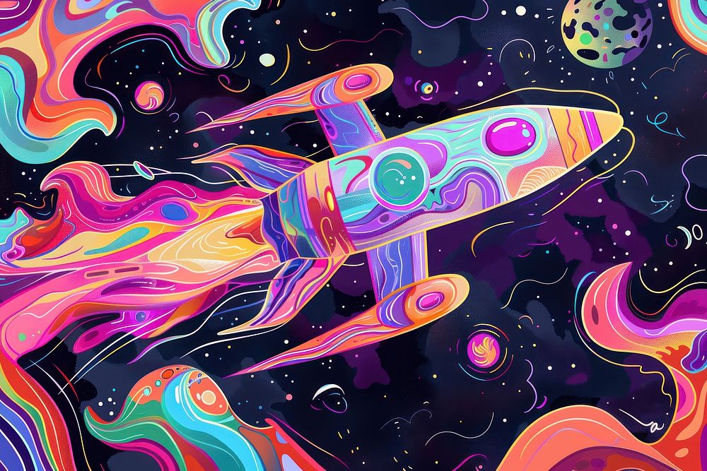 Rabbit Explorer on the Rocket in the style of graphic novel art graphics painting.