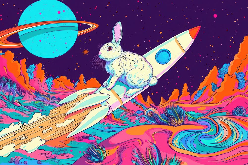 Rabbit Explorer on the Rocket in the style of graphic novel cartoon outdoors graphics.
