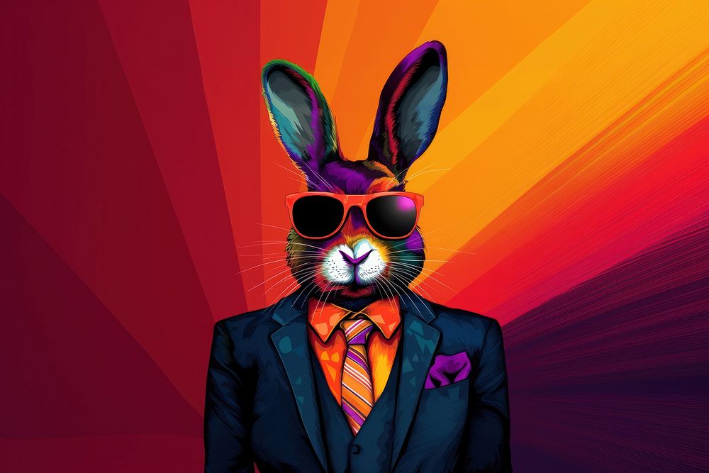 Rabbit in suit in the style of graphic novel cartoon graphics purple.