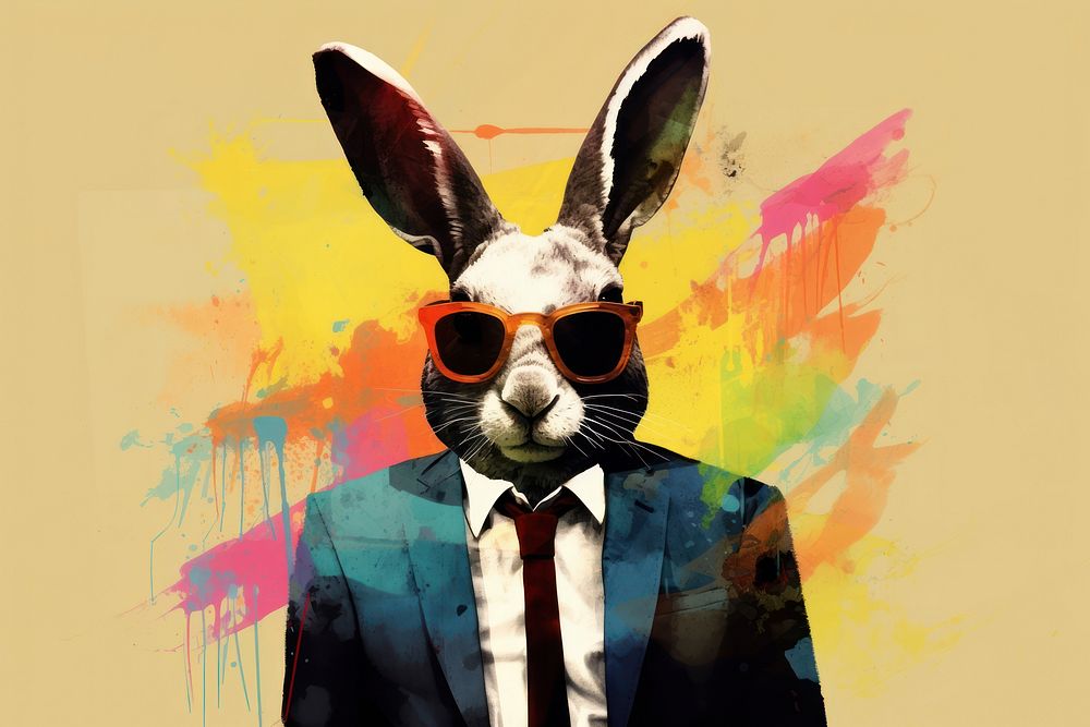 Rabbit in suit in the style of graphic novel sunglasses cartoon animal.