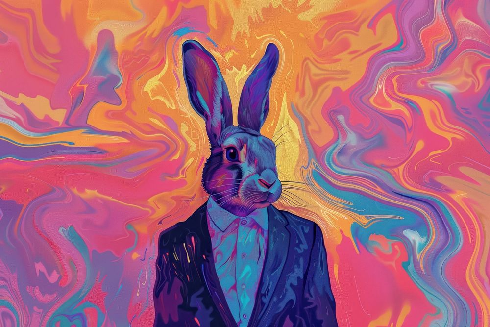 Rabbit in suit in the style of graphic novel painting art cartoon.