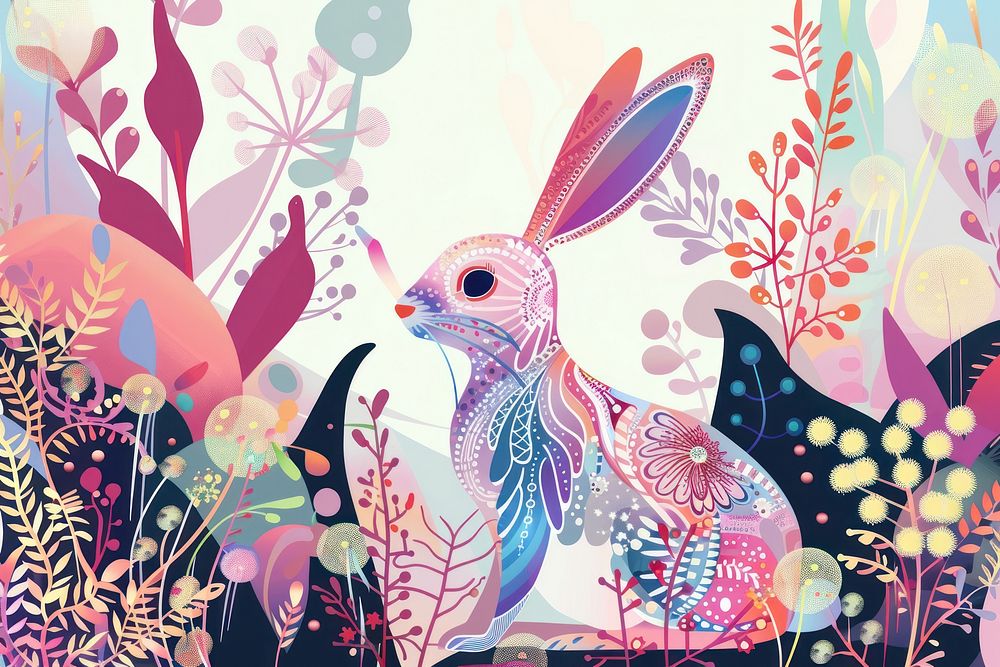 Rabbit in the garden in the style of graphic novel art graphics painting.