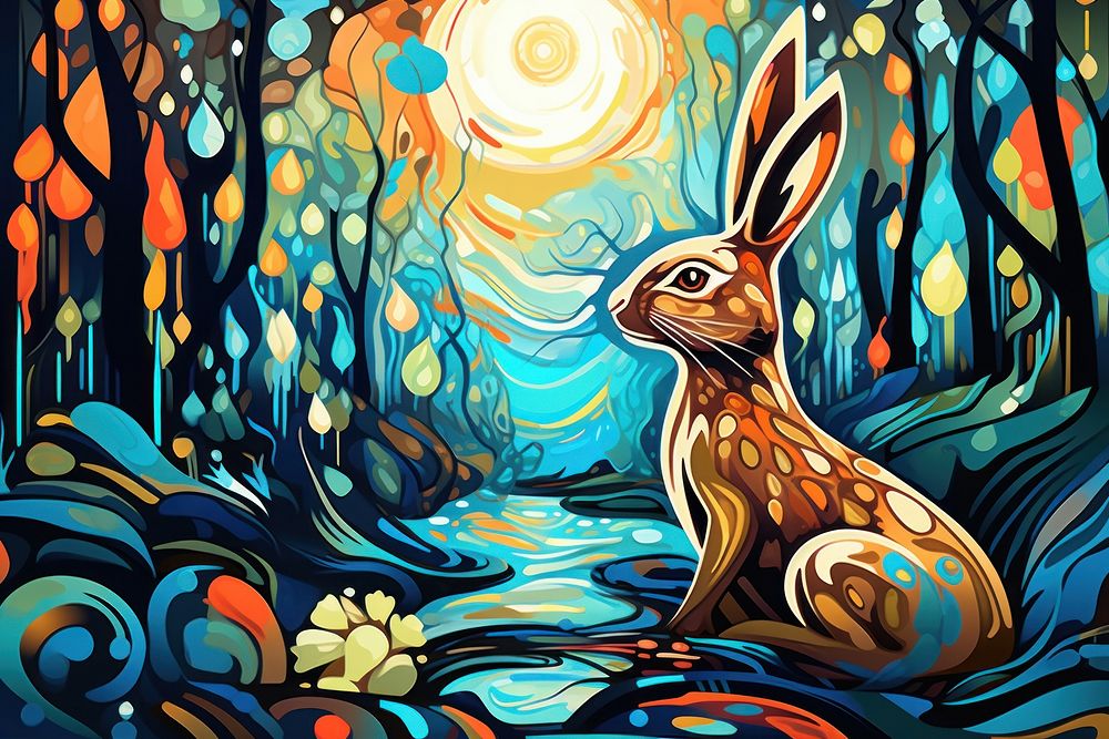Rabbit in the garden in the style of graphic novel painting cartoon mammal.