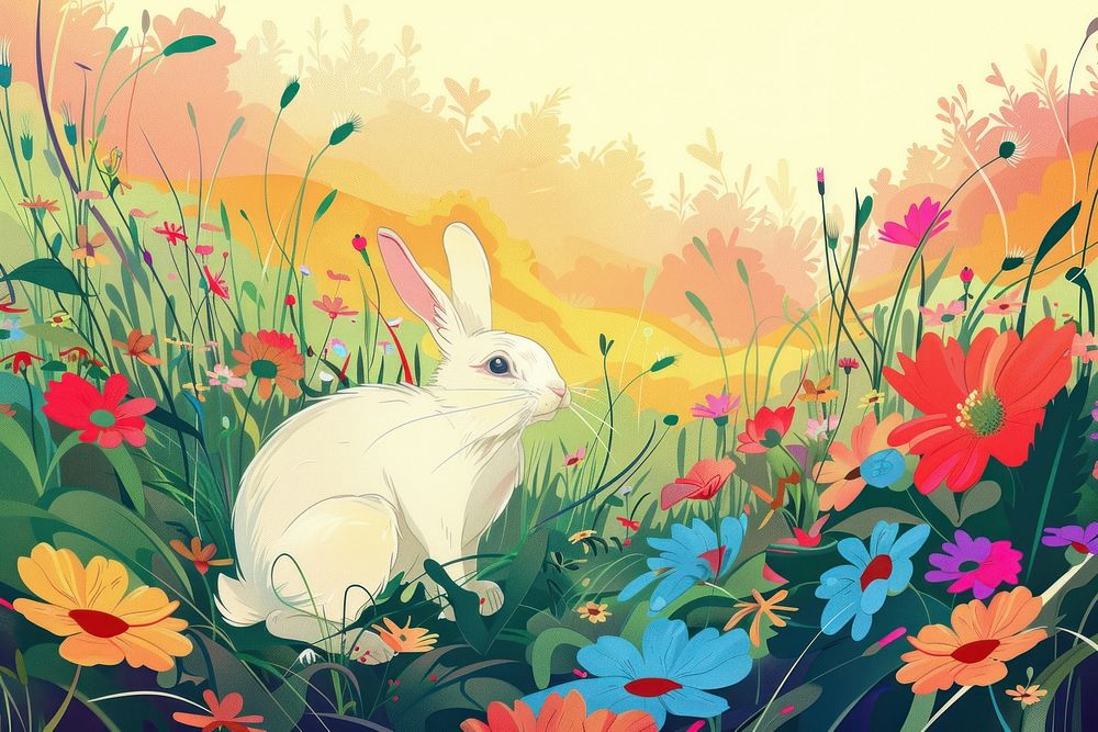 Rabbit in the garden in the style of graphic novel outdoors graphics painting.