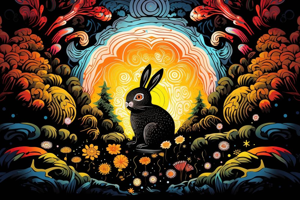 Rabbit in the garden in the style of graphic novel art painting graphics.